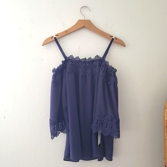 A. Byer Off Shoulder Top Denim Blue S - Picture 1 of 7